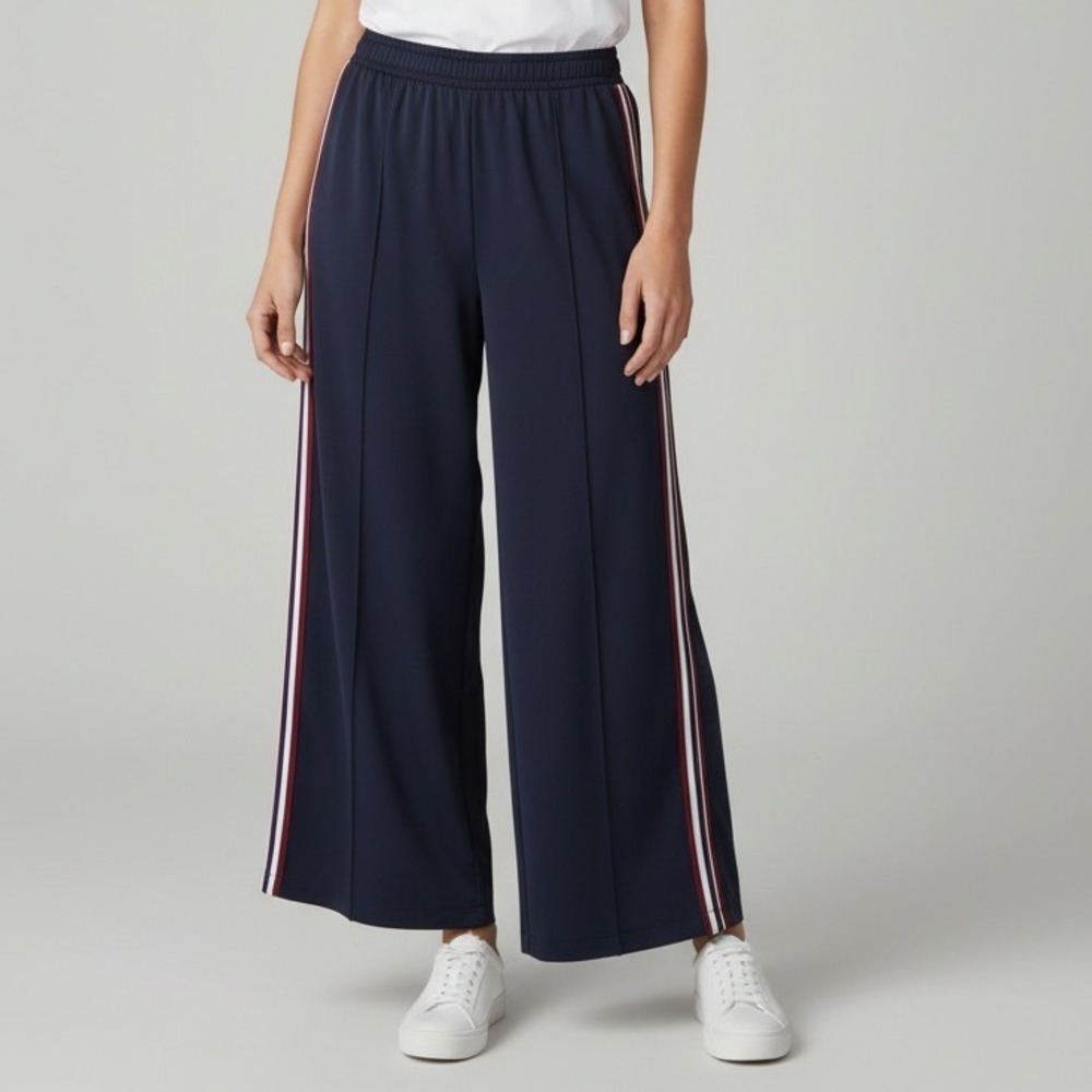 Reiss Navy Wide Leg Side Stripe Trouser Elastic Waist 14R quiet luxury Sport NEW